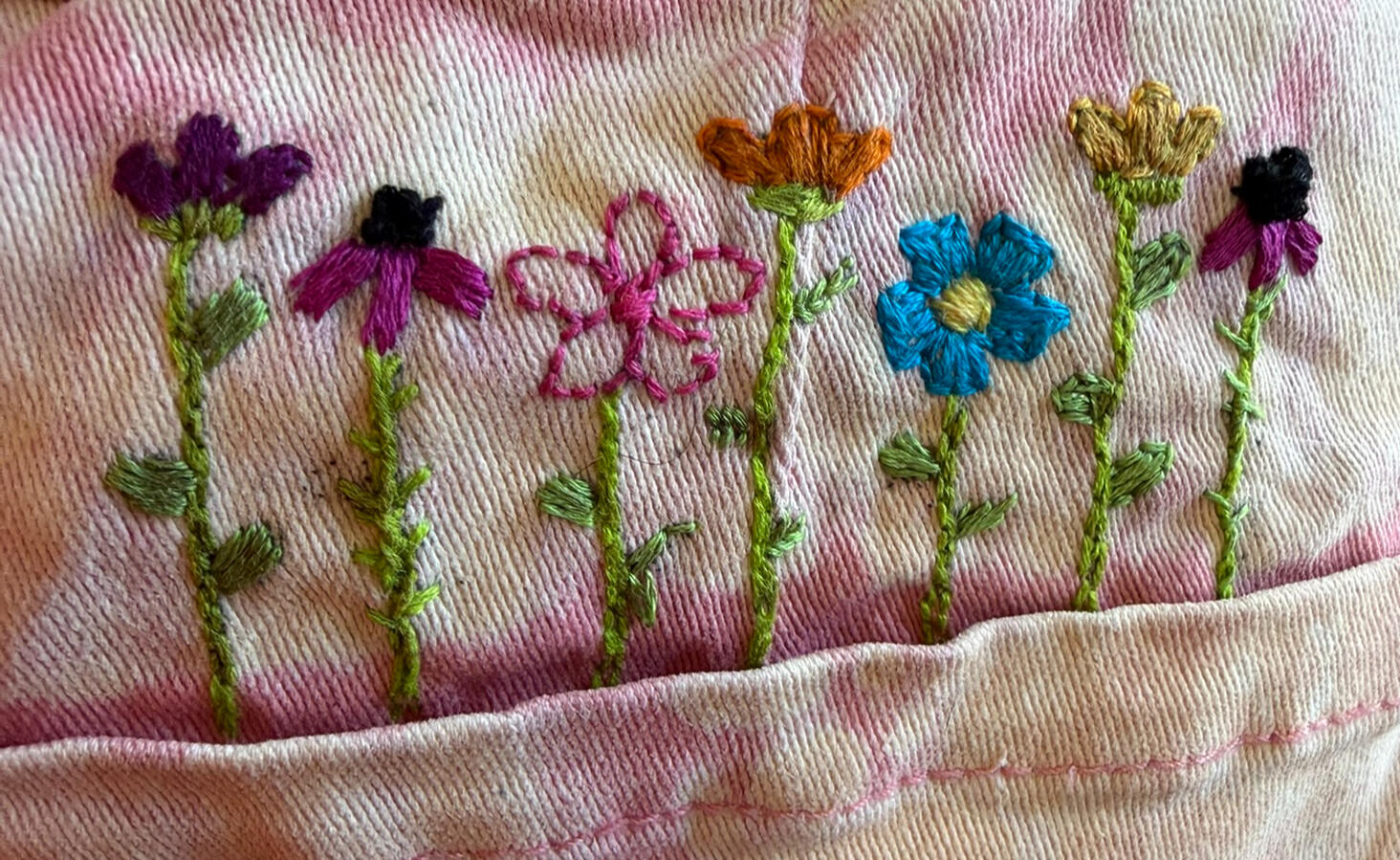 Bleach Jorts with Embroideried Flowers